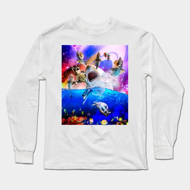 Rainbow Galaxy Cat Riding Shark In Space Long Sleeve T-Shirt by Random Galaxy